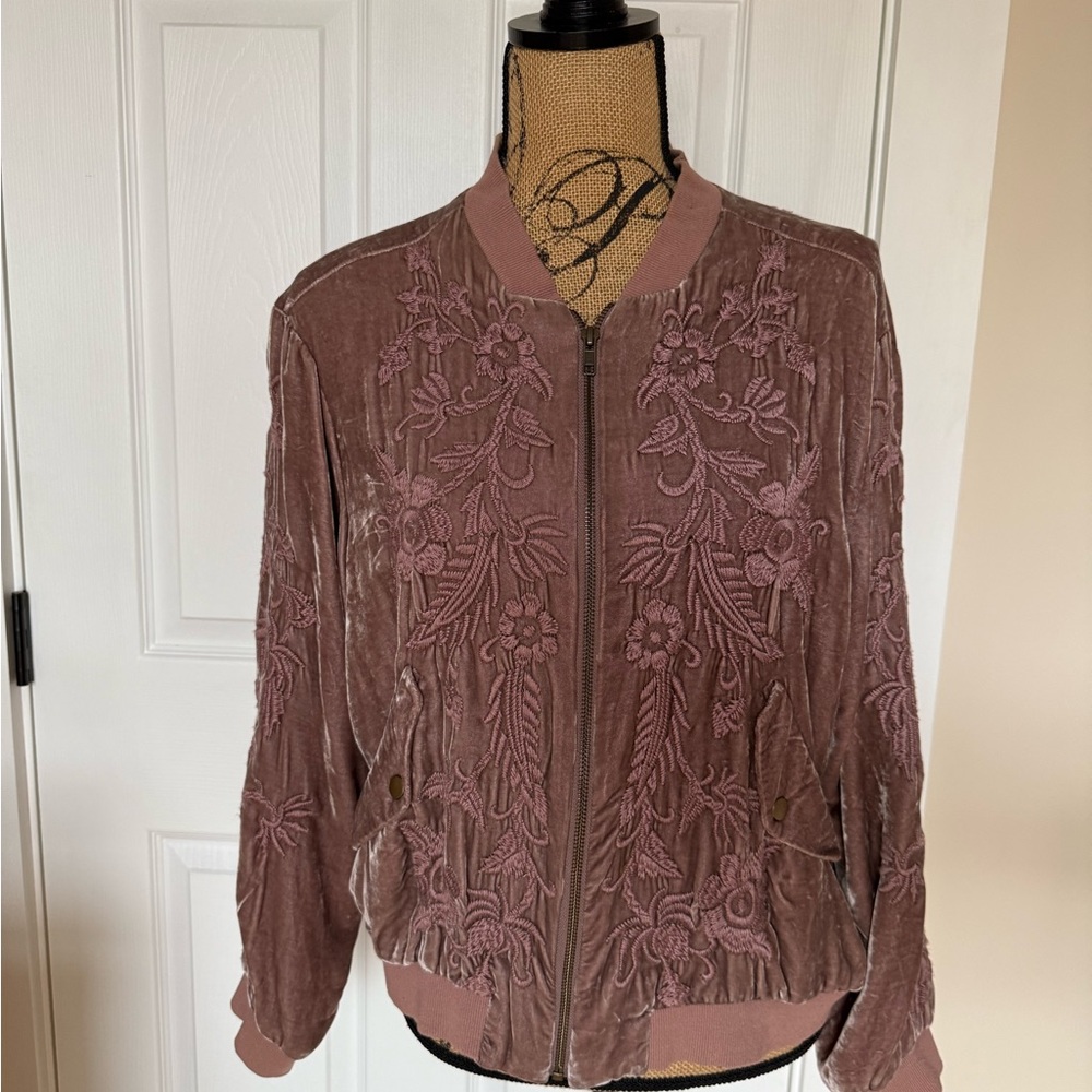 Johnny Was Bomber Jacket in Mauve with Intricate Embroidery